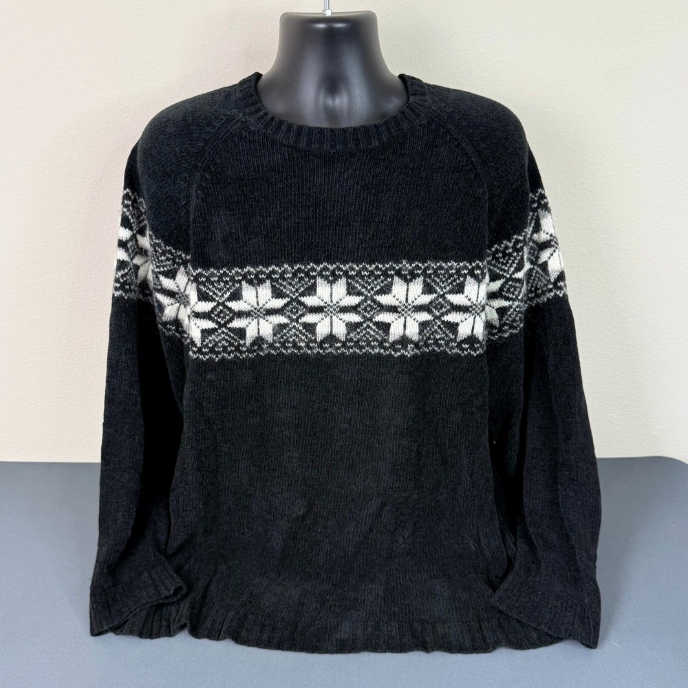Venezia Jeans Sweater Women 18/20 Black Fair Isle Snowflake Knit Pullover Raglan